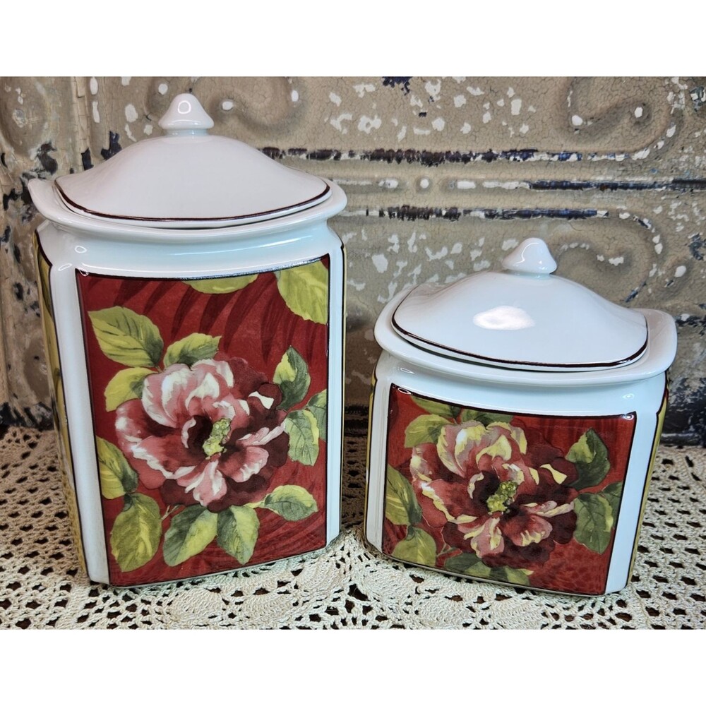 Pair of 222 Fifth Belize Pattern Canisters w/ Lids Porcelain Graduated Sizes